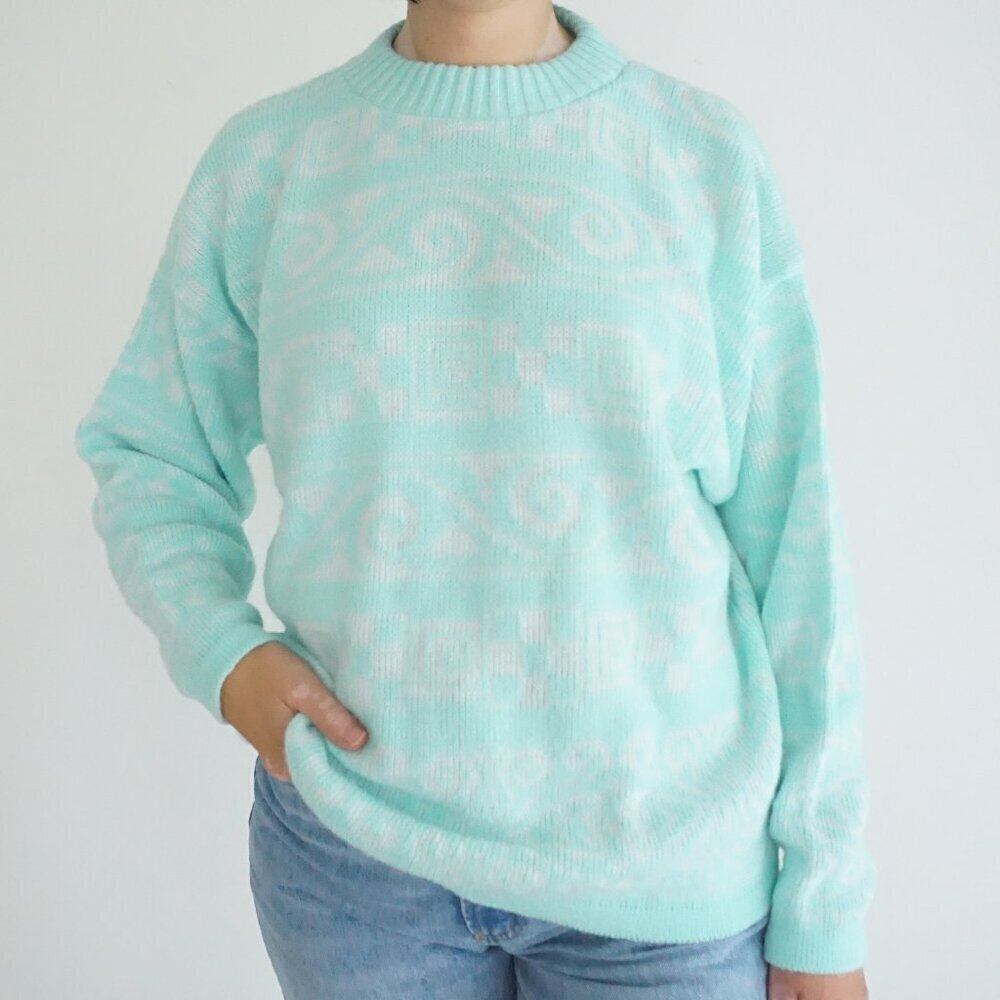 Vintage Cabin Creek Teal with White Aztec Print Knit Crewneck Sweater L